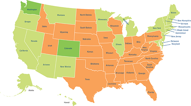 United States Map showing states with medical marijuana laws