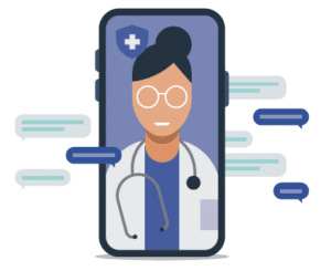 Illustration of doctor with telehealth facts