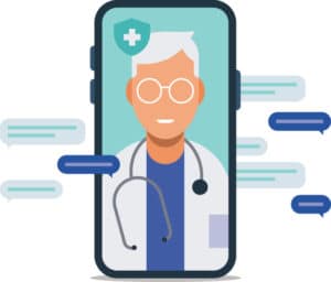 Illustration of doctor with telehealth facts